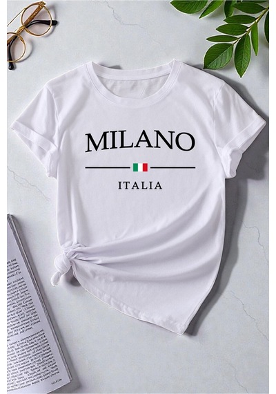 Uyguntarz Unisex Milano Italia Baskılı Tasarım Tshirt Beyaz