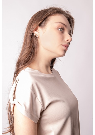 Kadın Modal Penye Geniş Sıfır Yaka Düşük Omuzlu Apoletli Kısa Kol T-shirt Bluz-bej Bej