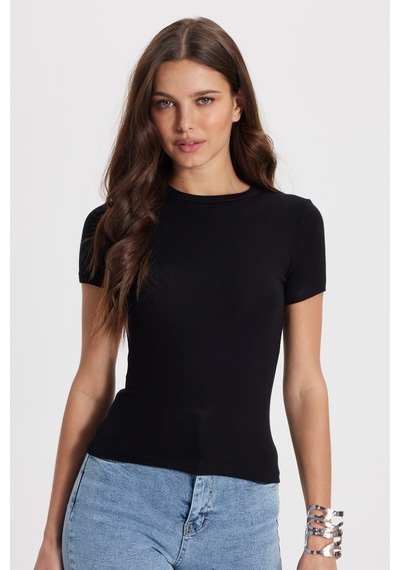 Tudors Kadın Slim Fit Dar Kesim Pamuklu Kısa Kollu Bisiklet Yaka Siyah Tişört-50715