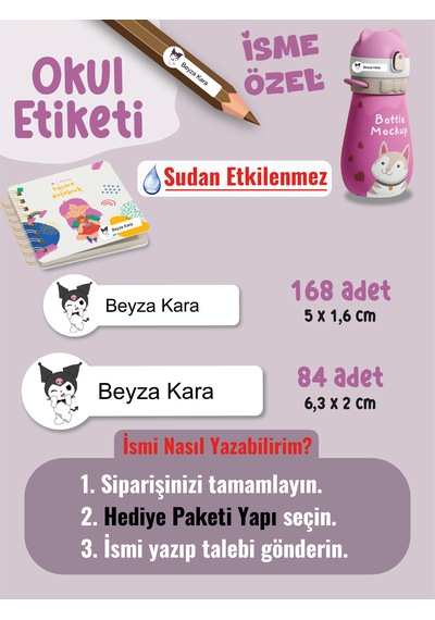 Okul Etiketi Kalem Defter Etiketi Kuromi Temalı Özel İsim Yazılabilen Etiket - 252adet