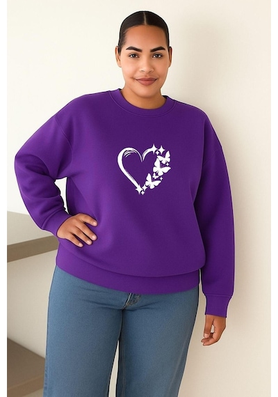 Benroma Kelebekli Kalp Baskılı Büyük Beden Unisex Sweatshırt Mor