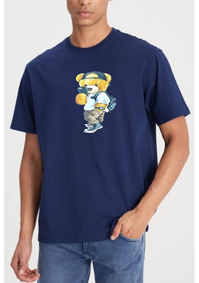 Medinenur Unisex Peluş Ayı Baskılı Bisiklet Yaka Tshirt Lacivert