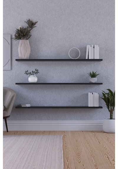 Yankı-BYEG 100 cm 3lü Mat Siyah Mdf Duvar Rafı Gizli Bağlantı Kitaplık