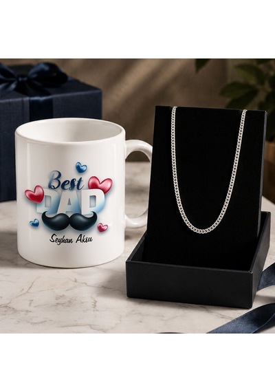 Bk Gift Kişiye Özel Babalar Günü Tasarımlı Beyaz Kupa & Sık Gurmet Zincir Kolye -10, Babalar Günü Hediyesi Gümüş