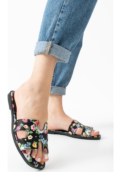 Dabab Shoes Florısa Kadın Çiçek Desenli H Bantlı Siyah Düz Taban Yazlık Terlik