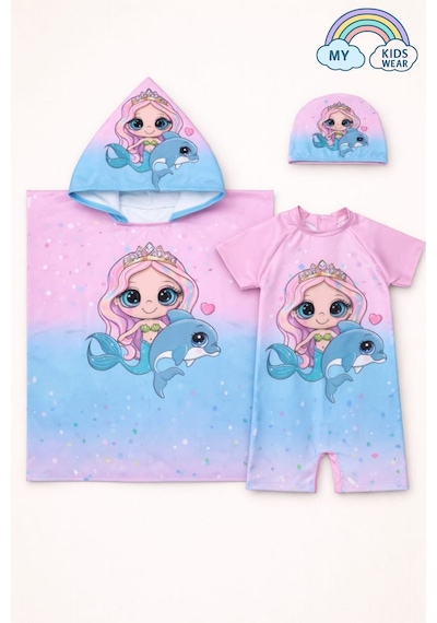 My Kids Wear Kız Çocuk Deniz Kombini 3 Lü Set Mayo, Havlu Ve Bone 12577 Pembe
