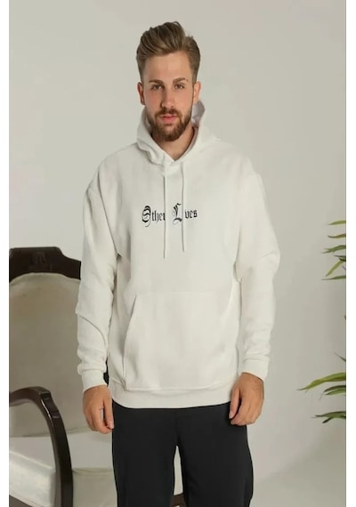 Efnaz Style Erkek Sırt Baskılı Oversize Üç İplik Kapüşonlu Sweatshirt - Beyaz