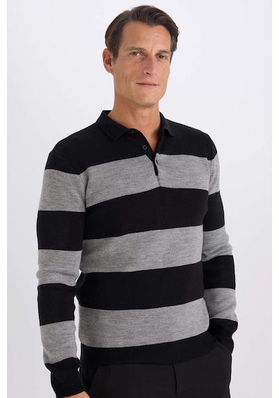 DeFacto Standart Fit Normal Kesim Çizgili Polo Yaka Triko Kazak Y4194AZ24WNBK27