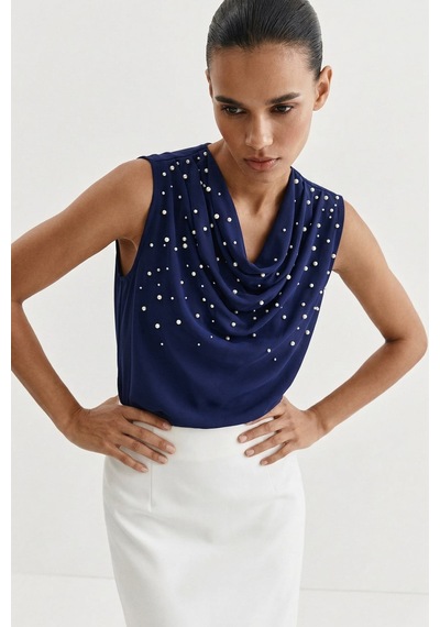 Sateen İnci Detaylı Bluz - Lacivert-137357