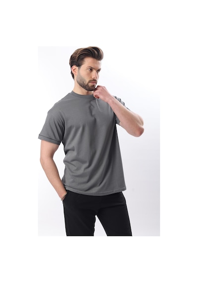 Madmext Füme Bisiklet Yaka Çoban Dikişli Overfit Erkek T-shirt E7103 Füme