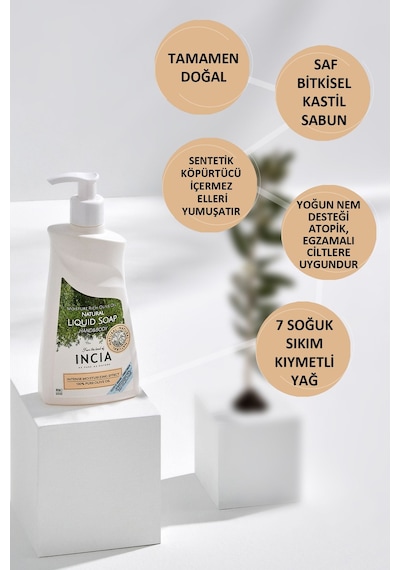 INCIA %100 Doğal Sıvı Kastil Sabunu Yoğun Nemlendirici Zeytinyağlı 10 Bitkisel Değerli Yağ Vegan 250 ML