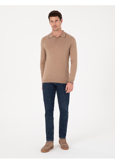Cacharel Camel Slim Fit Pamuk Karışımlı Polo Yaka Triko Kazak Kahverengi
