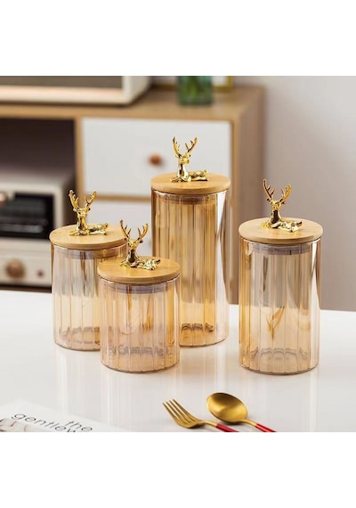 Morponi Borosilikat Cam Geyik Başlıklı Bambu Kapaklı Cam Kavanoz Seti 500-750-1000-1200 Ml Amber Şeffaf