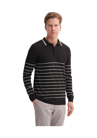 Cazador Slim Fit Viskon Dokulu Basic Çizgi Detaylı Polo Yaka Kazak-33020 Siyah