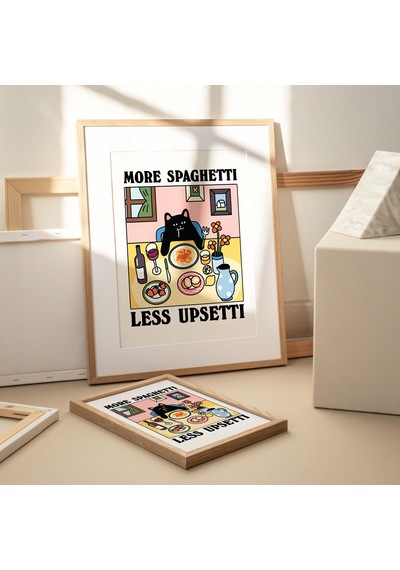 Daha Fazla Spagetti Daha Az Pişmanlık Siyah Kedi Baskısı, Retro Lokanta Posteri