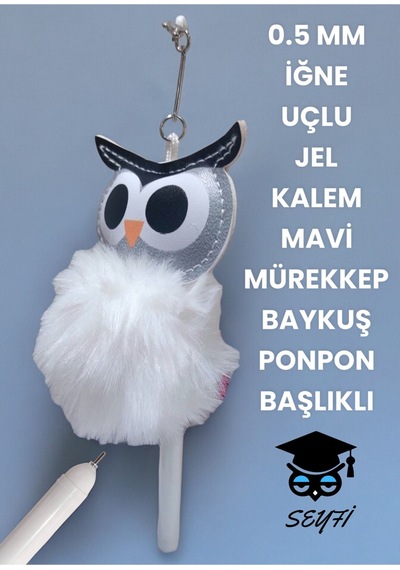 0.5 Mm İğne Uçlu Jel Tükenmez Kalem Mavi Mürekkep Baykuş Ponpon Başlıklı Pembe