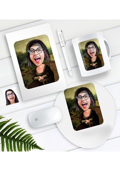 Kişiye Özel Mona Lisa Karikatürlü Defter Kalem Kupa Mouse Pad Set