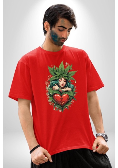 Kalp Parmak Kız Yeşillik Mutluluk Pamuklu Bisiklet Yaka Unisex Oversize Boyfriend Dijital Baskılı Kırmızı T-shirt Kırmızı