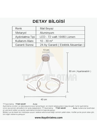 Tt307-40-by Tt Aydınlatma Helezon Sarı Işık Matbeyaz Led Avize Beyaz