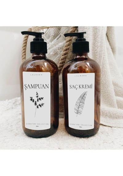 Lalezen Home 3lü Amber Cam Şişe Çiçekli Dusset Set 500ml Duş Jeli- Şampuan - Saç Kremi