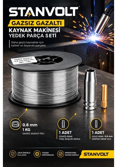 Gazsız Gazaltı Kaynak Teli 0.8 Mm 1 Kg + Gold Kontak Meme Ucu 0.8 Mm + Gümüş Torç Başlığı Nozul Yede
