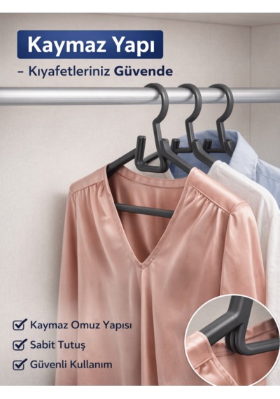 Beylini 6'lı Plastik Askılık Yetişkin Kıyafetleri İçin Omuzluk Dayanıklı Plastik Elbise Gömlek Kancalı Askı Antrasit