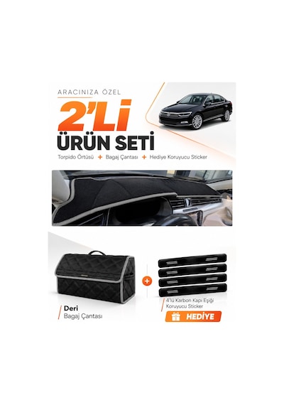 Volkswagen Passat B8 2015-2020 Uyumlu Torpido Örtüsü + Deri Bagaj Çantası + Sticker - Siyah Gri