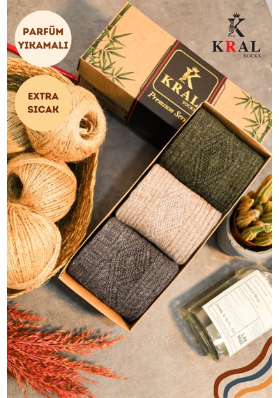 Kral Socks Erkek Koyun Yünlü Lambswool Kışlık 3'lü Kutulu Dikişsiz Çorap Asorti2