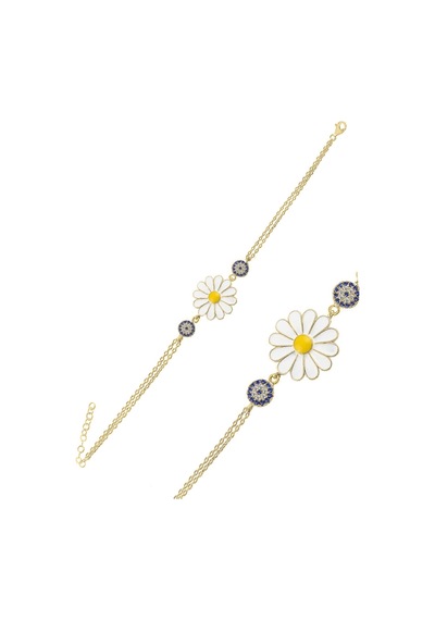 Brezza Lusso Jewelry 925 Ayar Zirkon Taşlı Mineli Papatya Göz Zincirli Bileklik Gümüş