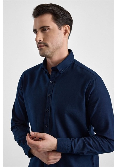 Süvari Lacivert Slim Düğmeli Yaka Düz Casual Gömlek Gm2008000264-m09