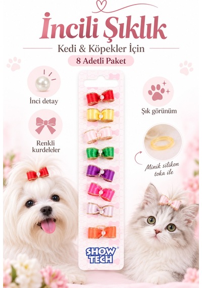 Show Tech Molly Pearl İncili Lastikli Kurdele Kedi Köpek Tokası 8 Adetli Paket