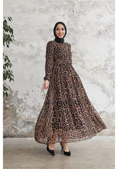 Neşeli Butik Kadın Leopar Desenli İthal Kumaş Tesettür Şifon Elbise Sms028 Siyah
