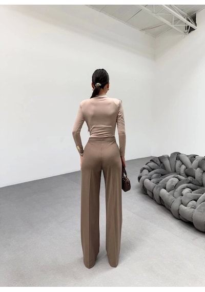 Defymoda 230 Gr Poly Viscose Lycra Metal Düğme Palazzo Pantolon Vizon