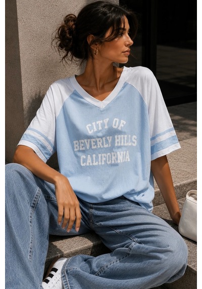 Bbbutikbasic Baskılı Oversize V Yaka Salaş Tişört My3535 Mavi