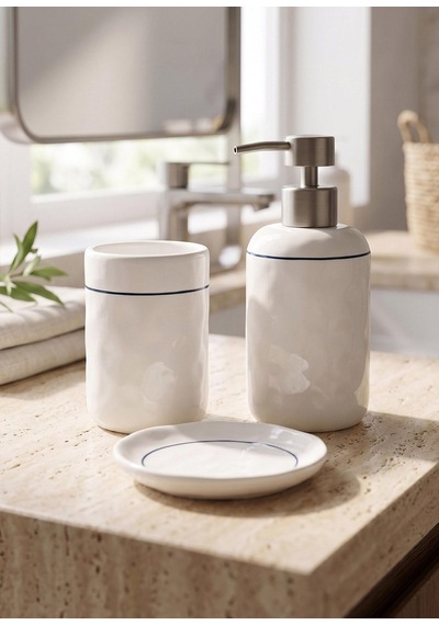 The Mia Pure Banyo Seti Beyaz Mavi 3 Parça