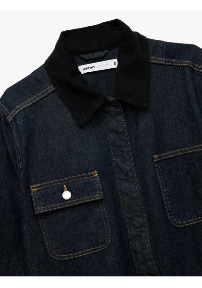 Koton Uzun Kollu Cep Detaylı Gömlek Yaka Denim Ceket Orta İndigo 6wal50008md Indigo