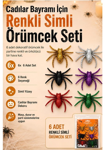 Halloween Cadılar Bayramı 6'lı Renkli Simli Örümcek Süs Seti 5x6 Cm Dekoratif Örümcek Tüm Yaşlar
