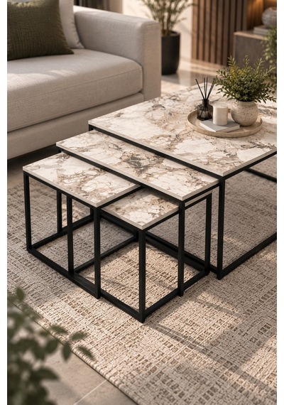 Sulorahome Ekru Desenli Metal Ayaklı 4'lü Sehpa Seti