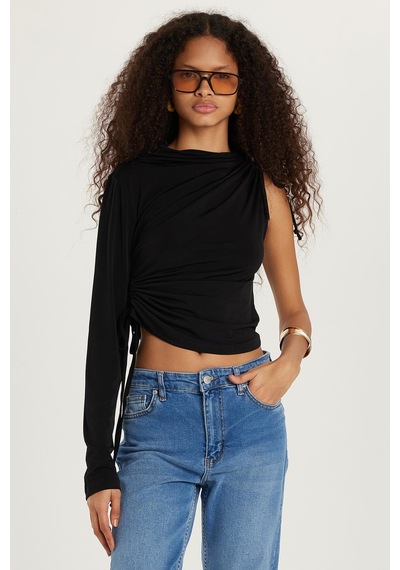 Tudors Kadın Slim Fit Dar Kesim Tek Kollu Yandan Bağcık Detaylı Siyah Bluz-33454 Siyah
