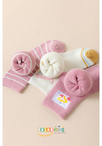 Color Socks 5 Çift Puantiyeli Desenli Kız Çocuk İçi Polarlı Kışlık Çorap Çok Renkli