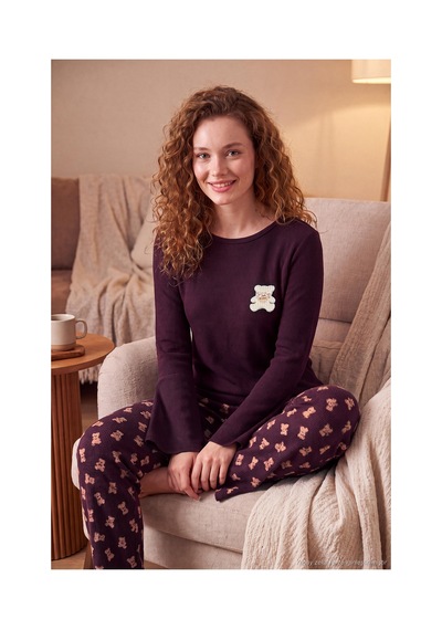 Lela Yumuşak Dokulu Desenli Uzun Kollu Pijama Takımı Kadın Pijama Takımı 6575018 Kahve