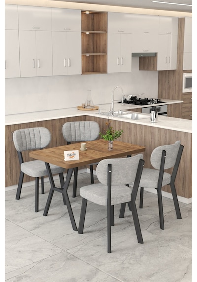 Gnr 70x110cm Sabit Atlantik Mutfak Masası Takımı, Yemek Masası, 4 Modern Gri Sandalye Gri