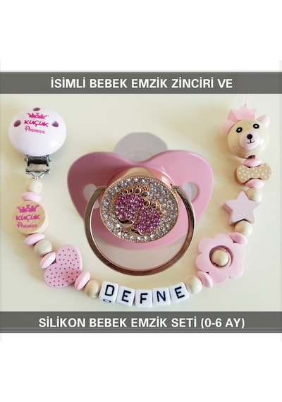 Sahi Aksesuar İsimli Emzik Zinciri Ve Silikon Emzik Seti Bezyı387 Pembe - Yeşil