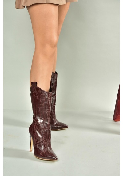 Fox Shoes N372677511 Bordo Kroko Baskı İnce Topuklu Kadın Bot Bordo-kroko Baskı