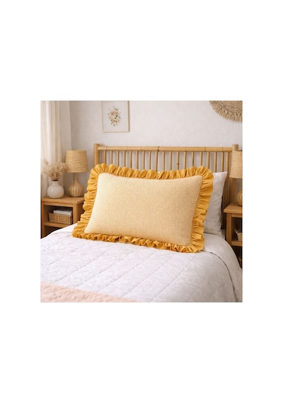 Fırfırlı Yastık Kılıfı Pötikare Desen Düz Renk Kenar Detaylı Tek Kişilik 50x70 Cm Sarı