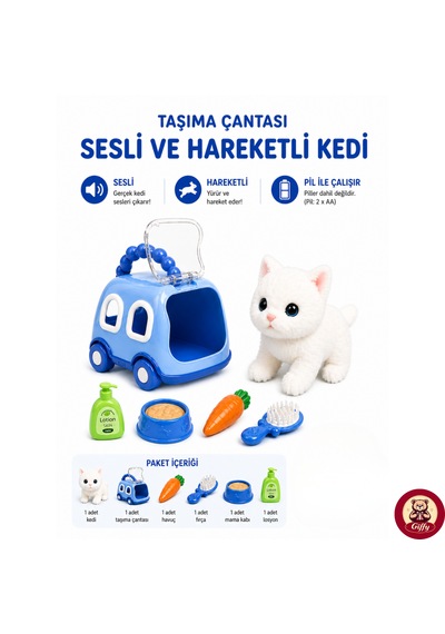 Oyuncak Kedi Taşıma Çantalı Sesli Hareketli Pilli, Emekleme Oyuncağı Aksesuarlı Çocuklar İçin Eğitici Hayvan Sevgisi Mavi