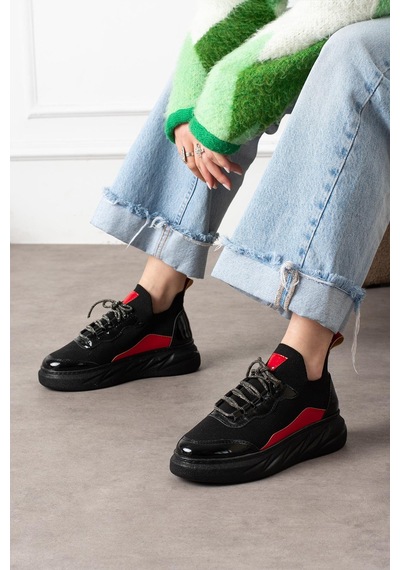 Shoetek Polivya Kadın Sneakers Taşlı Bağcıklı Triko Dokumalı Spor Ayakkabı Siyah/kırmızı Rugan Kırmızı Rugan Kırmızı