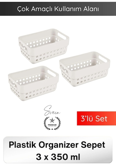 Organizer 350 Ml Plastik Organizer Sepet 3 Lü Set Çok Amaçlı Düzenleyici Saklama Kutusu Dolap İçi M Beyaz