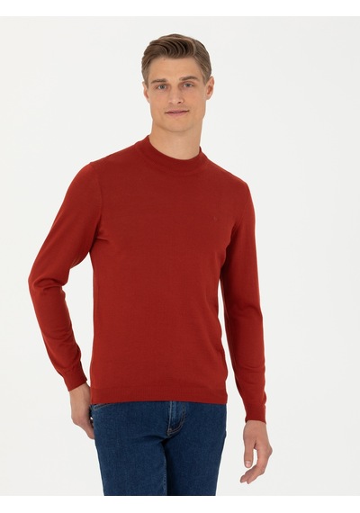 Cacharel Kiremit Slim Fit Çeyrek Balıkçı Yaka Triko Kazak Kırmızı