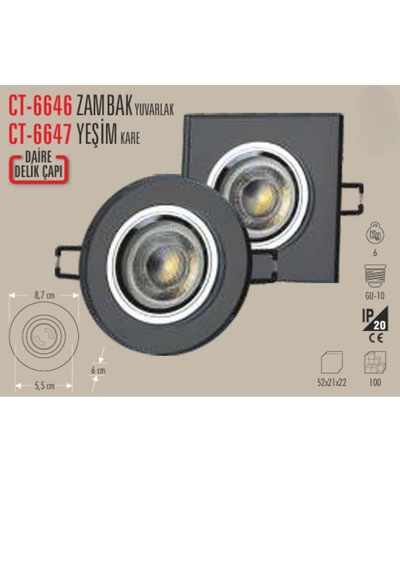 Ct-6647 Yeşim Kare Cam Spot Ampülsüz 5 Adet Beyaz